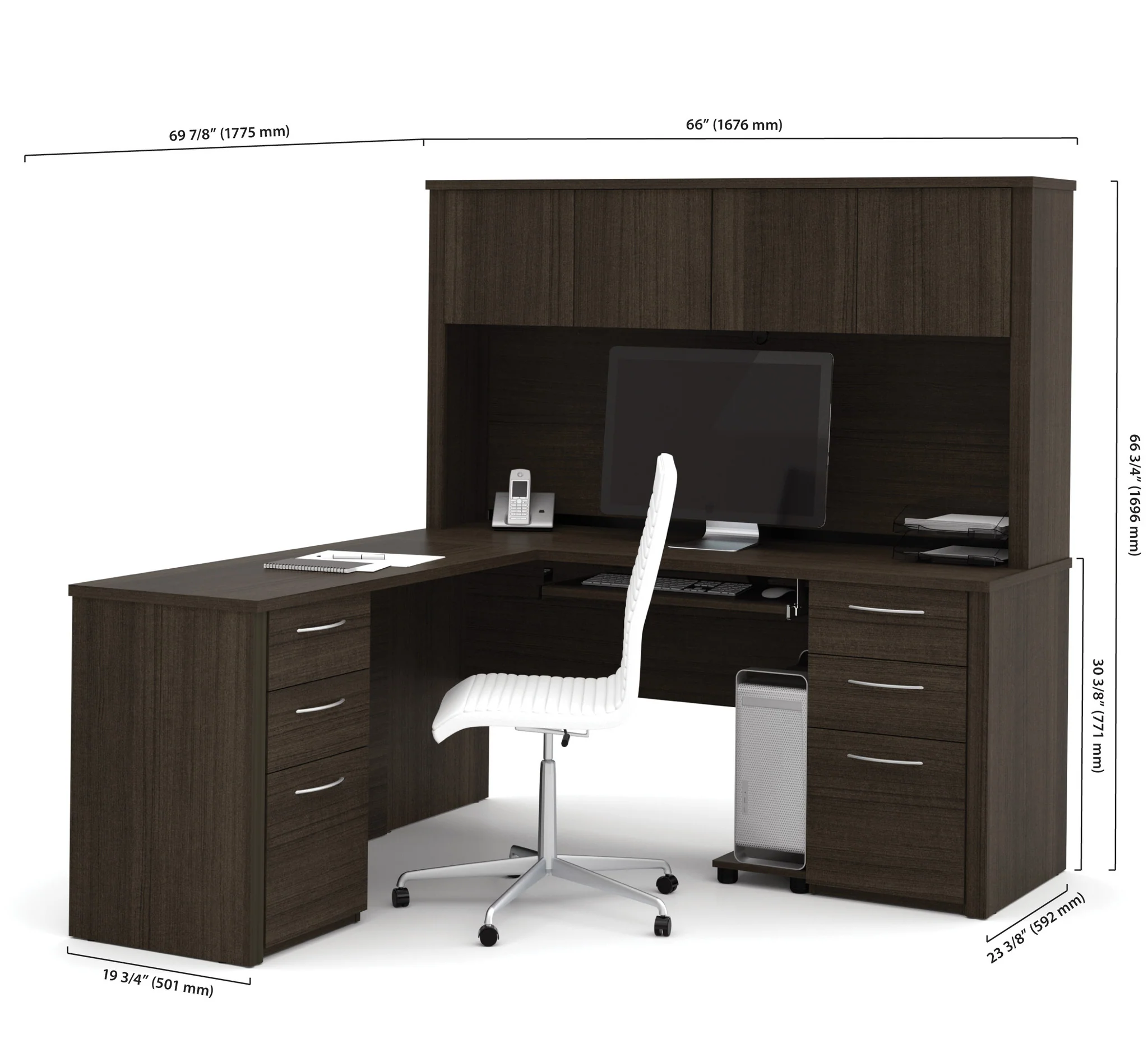 66" Premium L-shaped Desk with Hutch in Dark Chocolate - Image 3