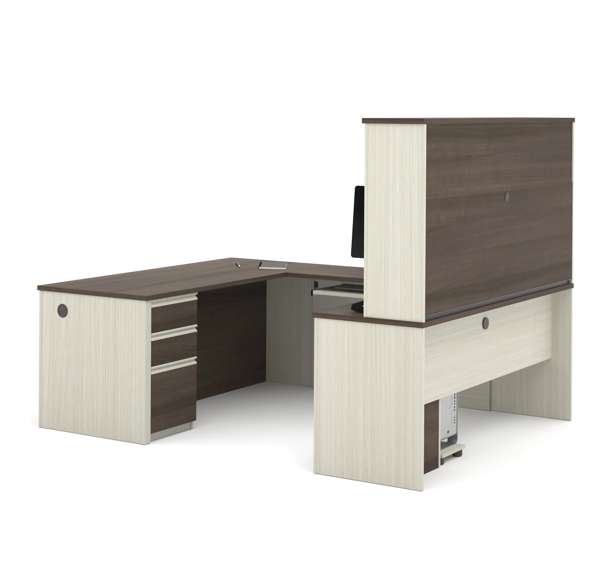 U-shaped Desk with Hutch in White Chocolate & Antigua - Image 3